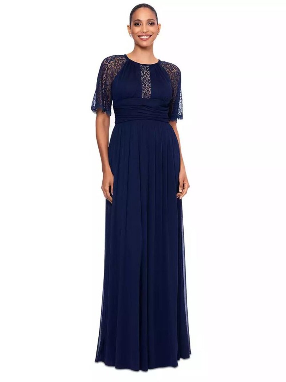 Betsy & Adam Women's Lace Trim Short-Sleeve Gown Navy